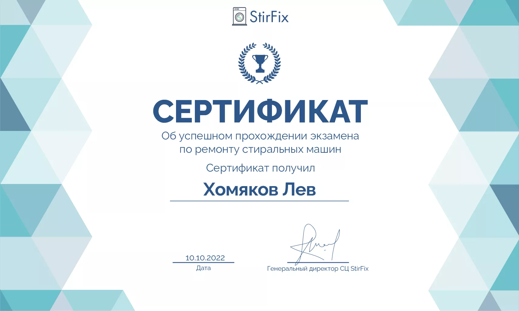 Хомяков Лев сертификат мастера по ремонту стиральных машин